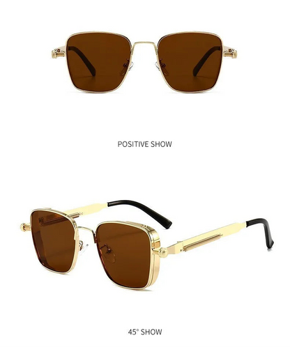 Gold-framed sunglasses with brown lenses on a white background